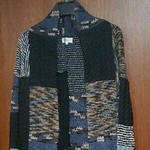 ADORE Women's Shaggy Patchwork Cardigan Sweater High-Low Hem Front Pockets ~ Med